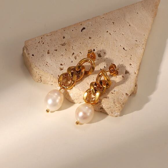 Baroque Freshwater Pearl Drop 18K Gold‎ Earrings Stainless Steel - Picture 8 of 13